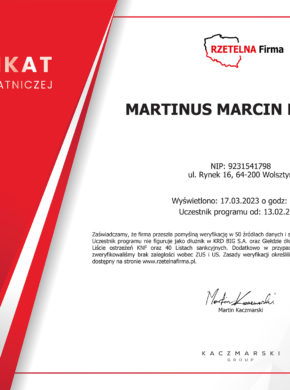 Certyfikat Rzetelnosci Martinus Marcin Kosicki PL